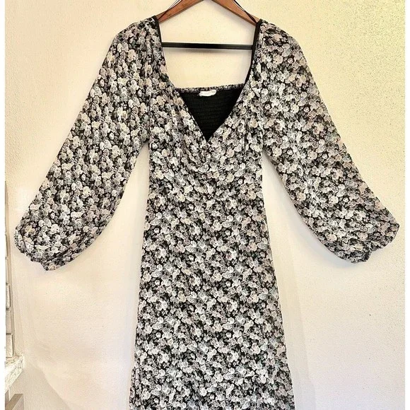 Lush Womens MIDI Dress W/ Puff Sleeve In Black Multi Floral- Size Large - Picture 2 of 14